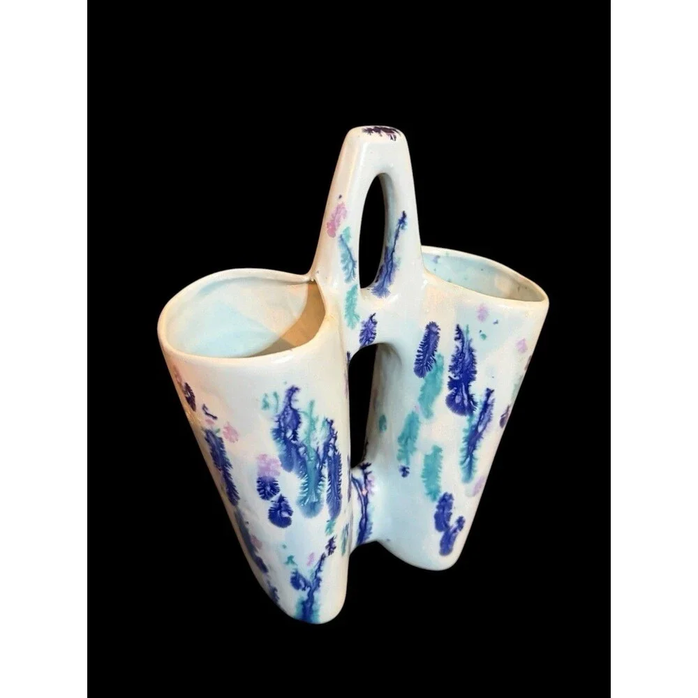 Vtg Splatter Double Wedding Vase Pottery Light Blue Green Hobbyist MCM Look 1980